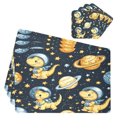 

Wobogo Yellow Dinosaur Space Pattern Placemats Coasters Set of 4 Heat-resistant Non-slip Easy to Clean Square Dinner Plate Mat