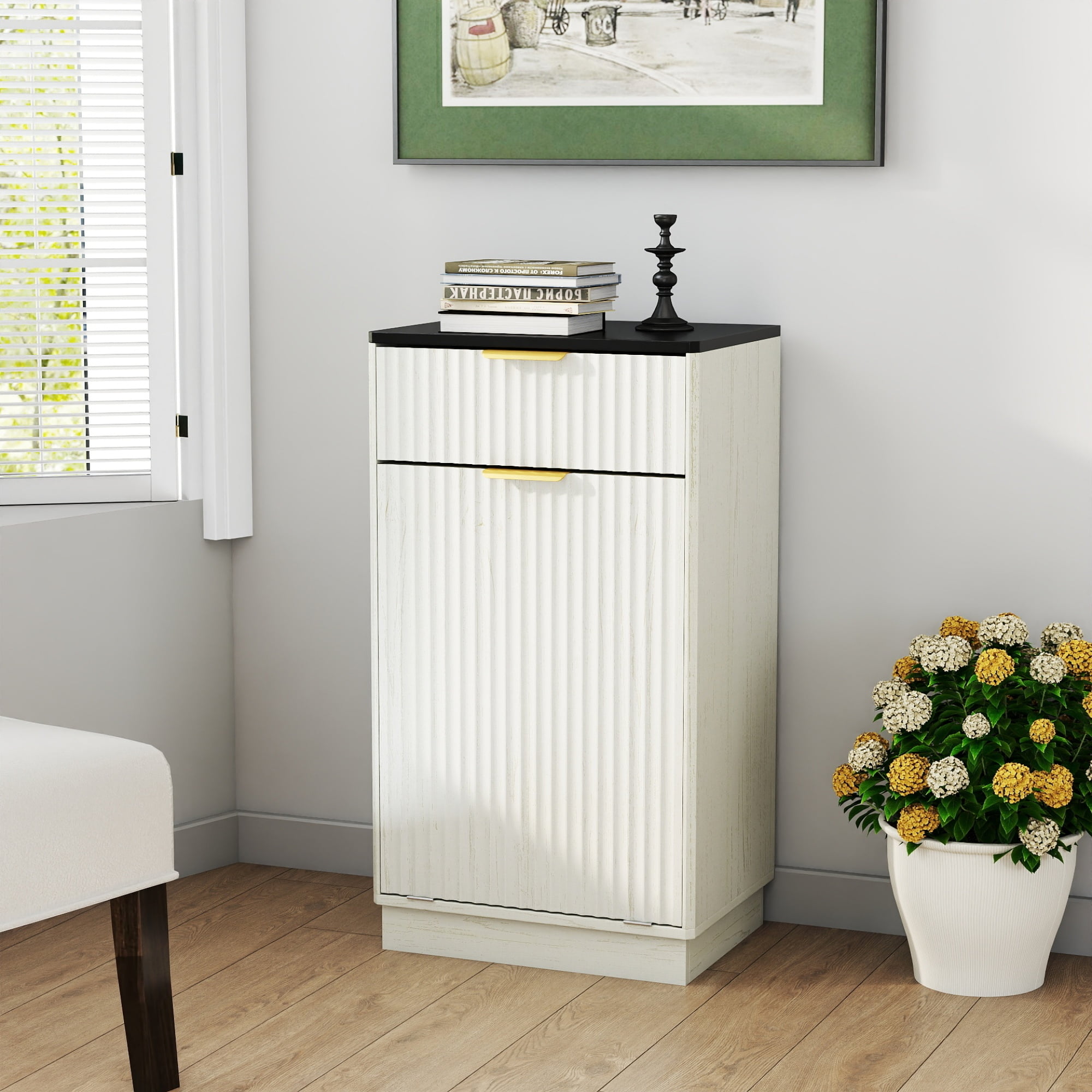 Jopath 10-Gallon Woodgrain Tilt-Out Trash Can Cabinet with Wave-Textured Drawer and Pull-Out Bin for Living room Bathroom Kitchen White