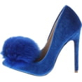 thumbnail image 2 of Liliana Affair Velvet Pointy Toe Stiletto High Heel Fur Pom Slip On Pump Slide Shoe Blue, Blue, 6, 2 of 7