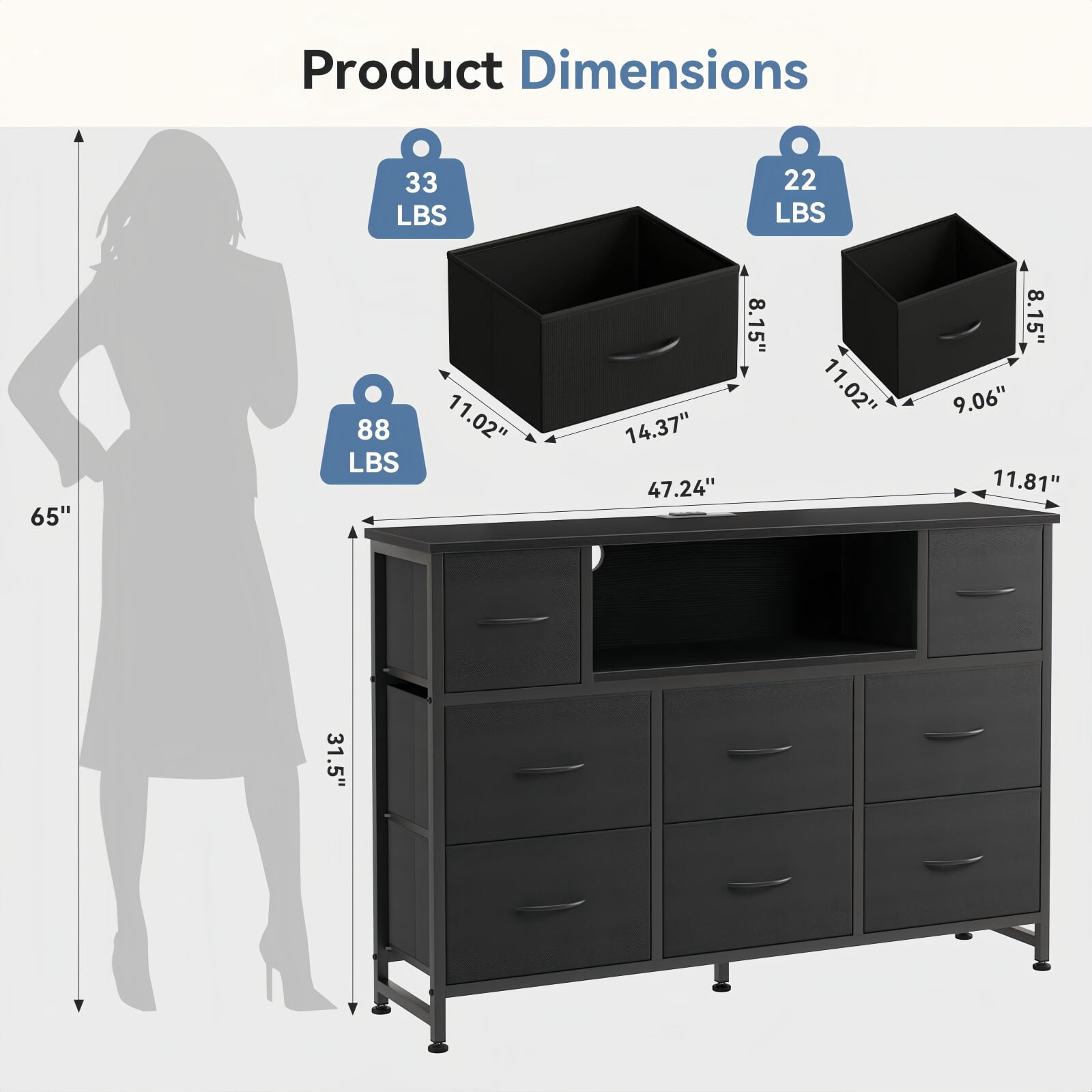 Kelno TV Stand Dresser with 8 Fabric Drawers Open Shelf LED Lights AC USB Charging Station, Black
