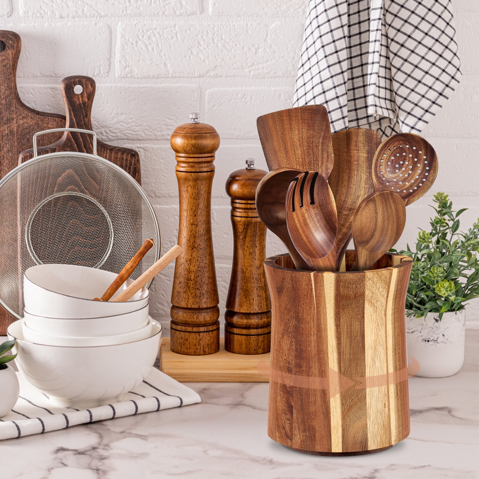 NUAHRHY 7.44" Utensil Holder, 360° Rotating Cooking Utensil Crock for Countertop, Acacia Wood Cooking Tool Organizer for Kitchen Counter Spatula Storage, Natural Kitchen Decor
