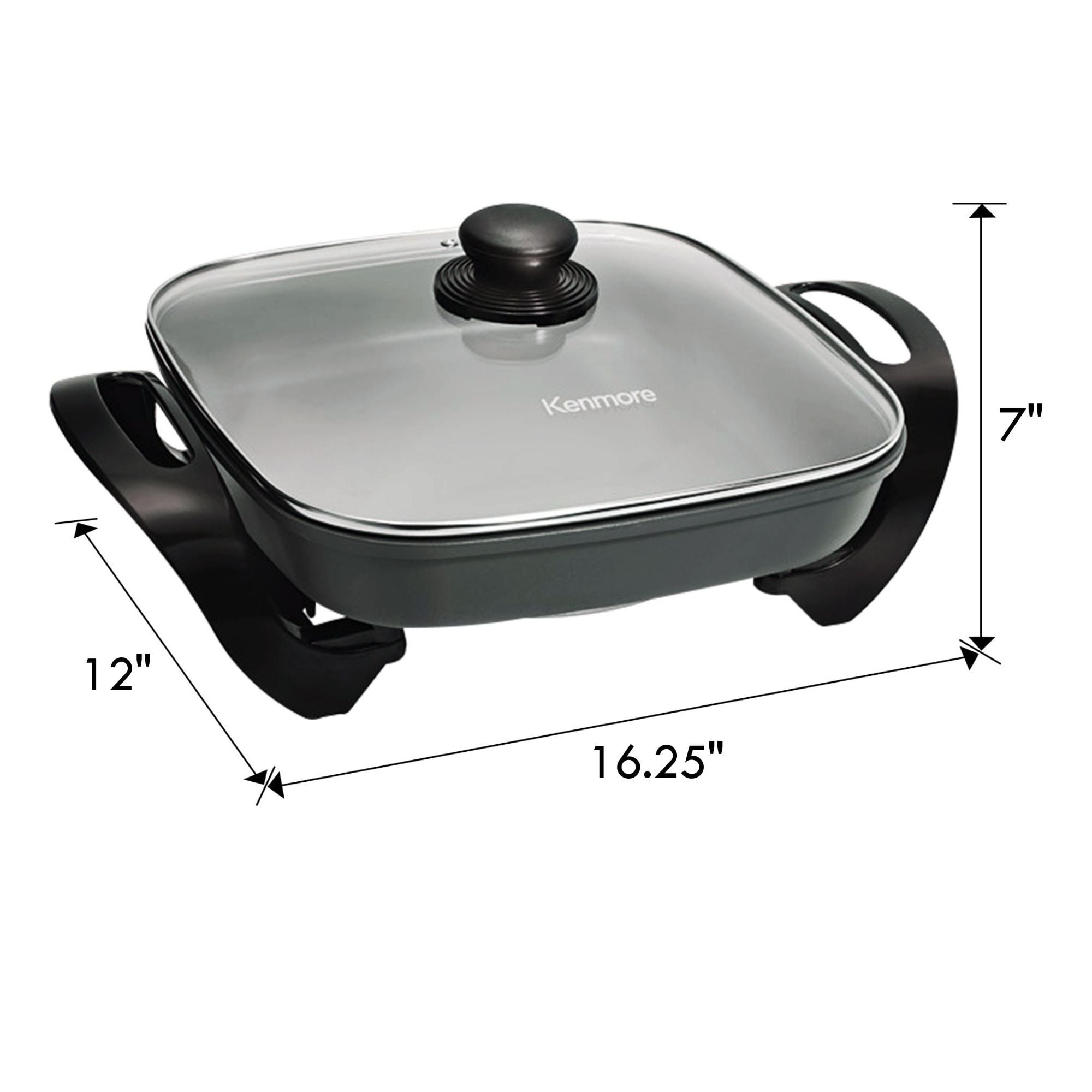 Kenmore Non-Stick Electric Skillet with Tempered Glass Lid, Black and Gray, Deep-Dish Frying Pan, 12" x 12" Cooking Surface, Vented Lid, One-Pot Cooking, Grill, Saute, Stir-Fry, Stew