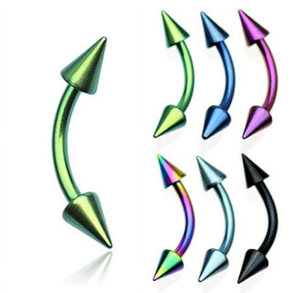 Curved Barbell Titanium Anodized With Blue Spikes 1 piece 14G 5/16 (1.6X8) (TES/6) (3MM Spike)