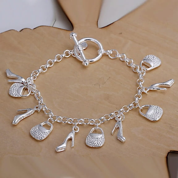 QQTDFG Women 925 Sterling Silver Bracelet Good Luck Heels Bag 8 Inches 3MM Toggle L50-default