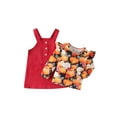 thumbnail image 1 of xiaxaixu Girls Halloween 2 Piece Outfits Long Sleeve Pumpkin Print Tops Solid Color Button Overall Dress Sets, 1 of 10