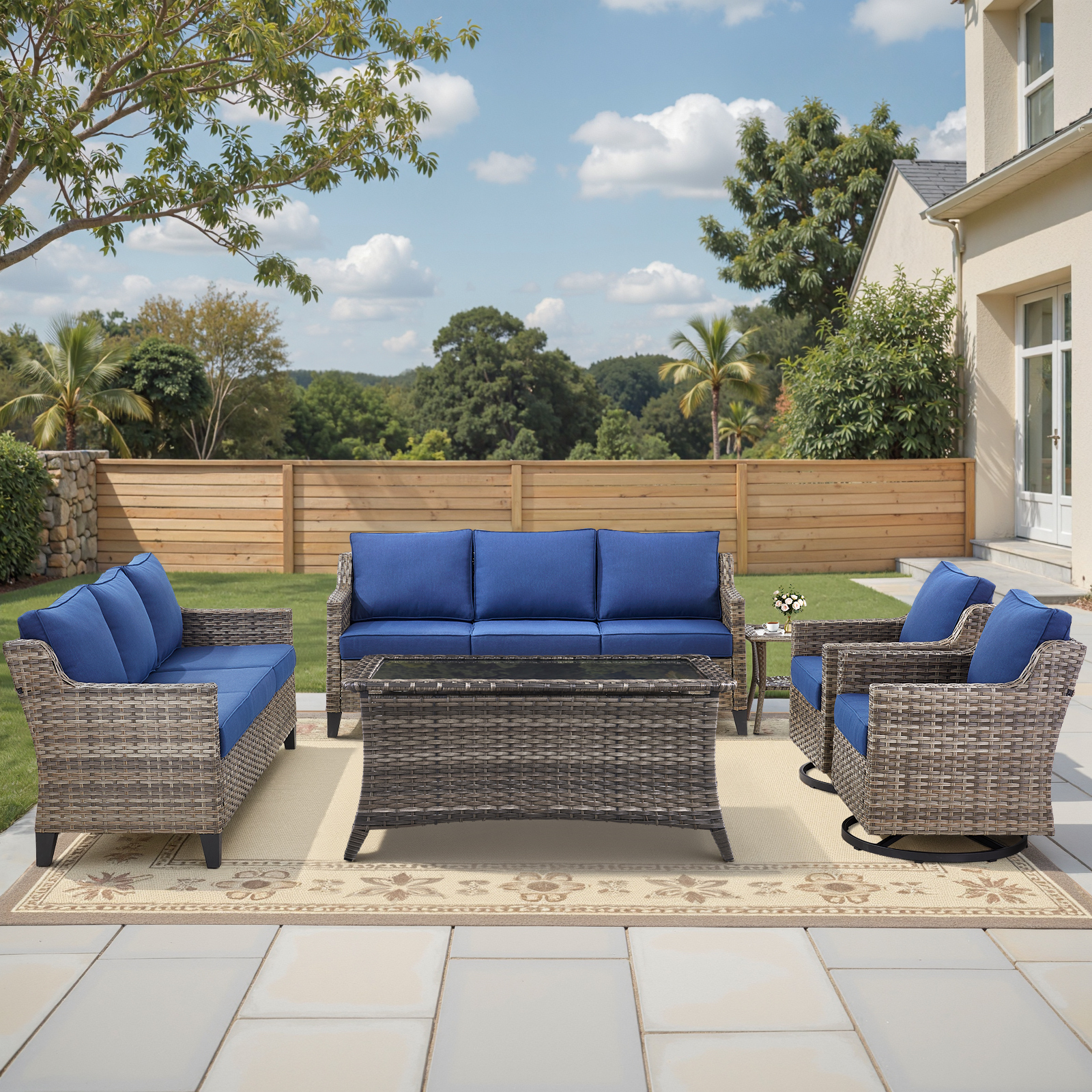 Bellefurn 7 Pieces Patio Furniture Sets with Swivel Chairs,All-Weather Outdoor Conversation Sets with 2 High Back Couch,Outdoor Swivel Rocker Chairs,Coffee Tabel for Porch Deck Backyard