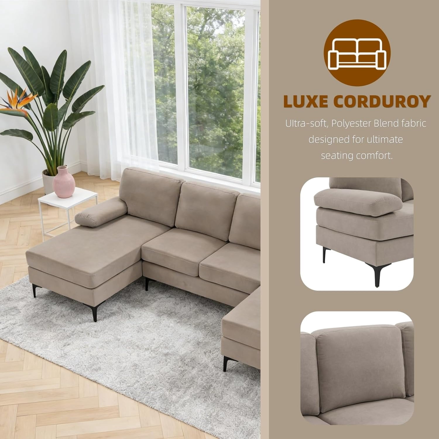 Howcool 106" U-Shaped Sectional Sofa, 4 Seat Modular Couch with Double Chaise, Polyester Blend Upholstered Modern Living Room Furniture with Metal Legs, Khaki(Thick Sponge)