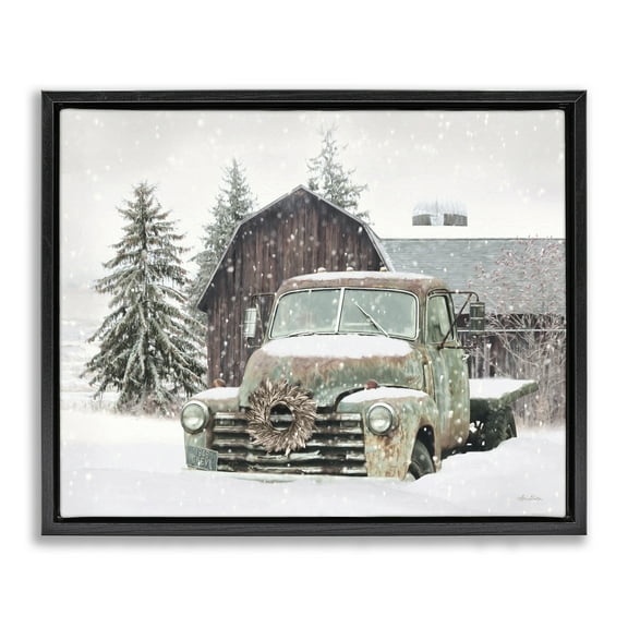 Stupell Industries Winter Rural Vintage Truck & Barn Transportation Painting Black Floater Framed Canvas Art Print Wall Art, 21 x 17