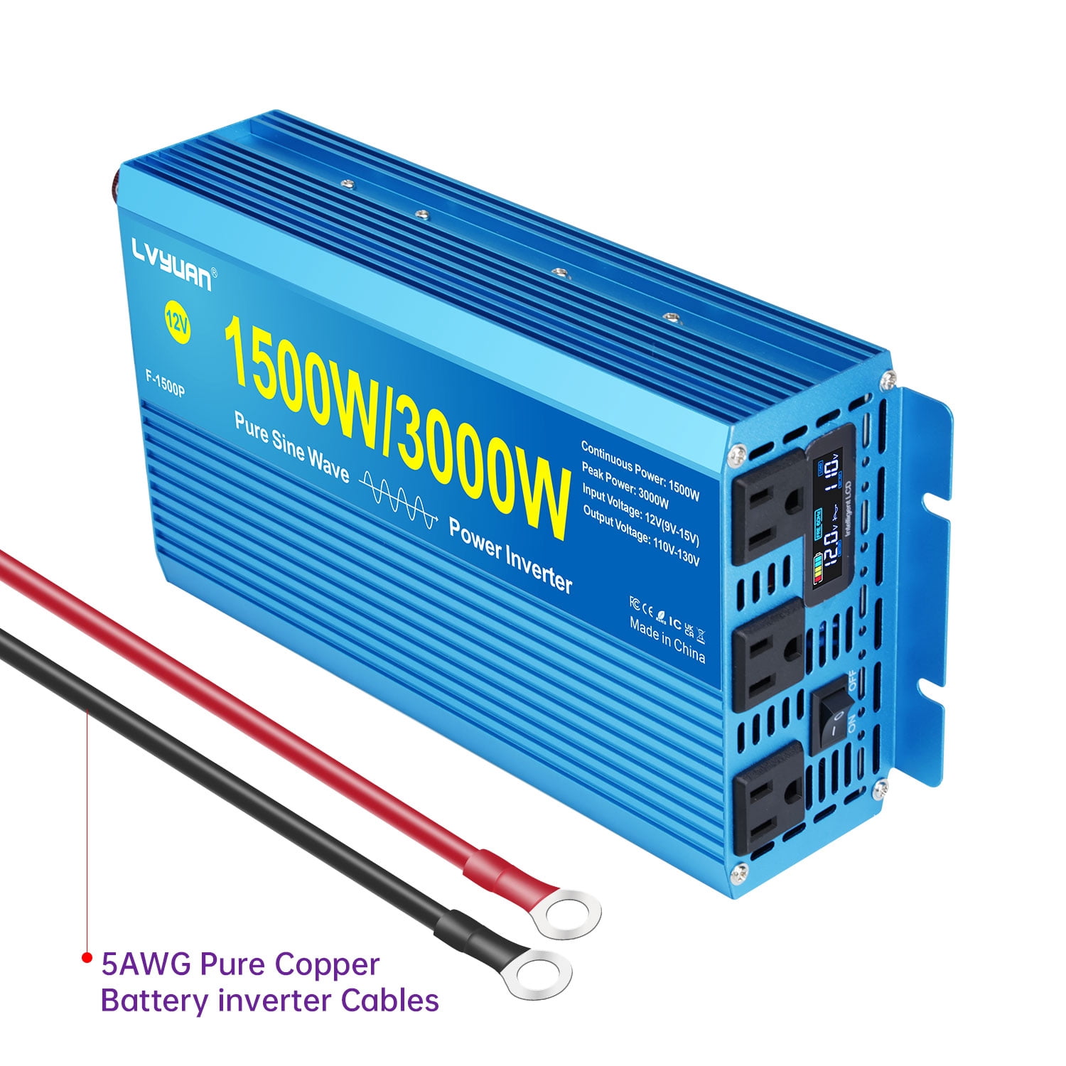 LVYUAN 1500W 3000W Surge Pure Sine Wave Power Inverter DC 12V to AC 110V Car Power Converter with 3 AC Outlets, LCD Display, Battery Converter Charger for RV, Camping, Off-Grid, Home Backup