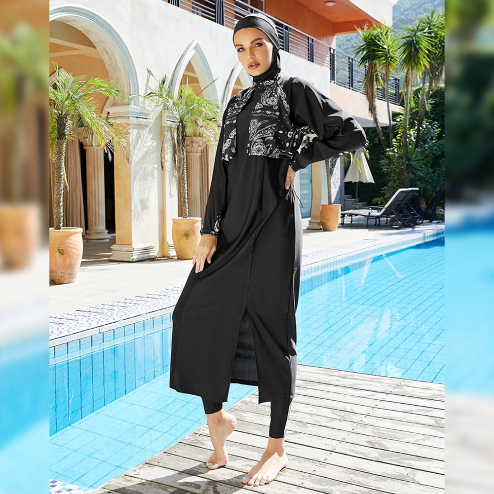 IBTOM CASTLE Muslim Swimsuits for Women Modest Islamic Arabic Swimwear Burkini Full Cover Hijab Top Pants Swimming Cap Bathing Suits S Black - Split Hem