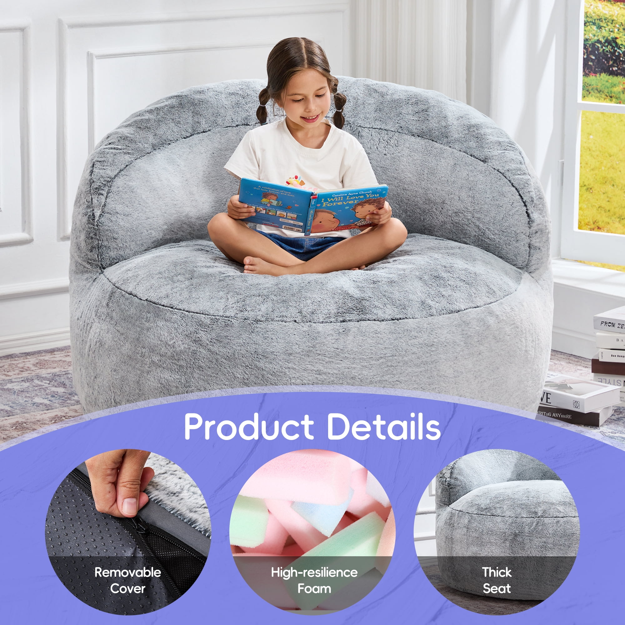 Hobestluk 3FT Bean Bag Chair for Adults with Memory Foam Filler Giant Beanbag with Faux Fur Cover for Bedroom (Plush Grey,Large)