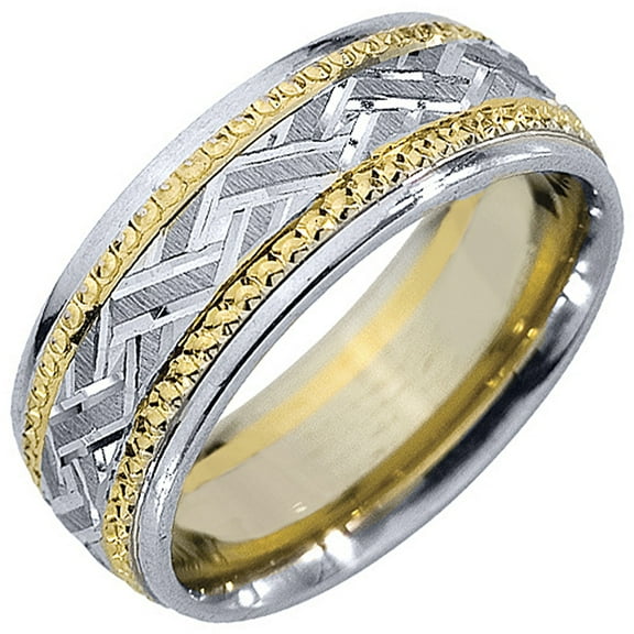 14K Two-Tone Gold Mens Wedding Band 7mm Satin Braided Comfort Fit