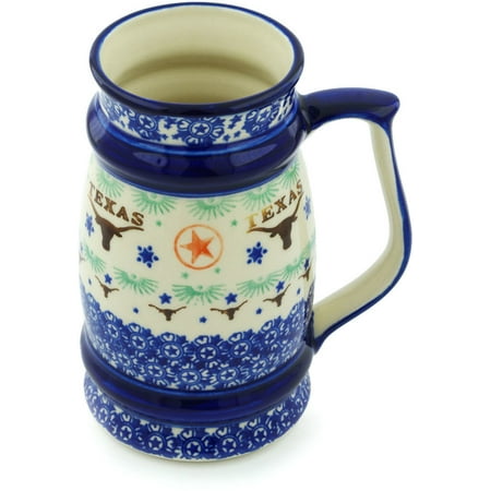 Polish Pottery 29 oz Beer Mug (Texas State Theme) Hand Painted in Boleslawiec, Poland + Certificate of
