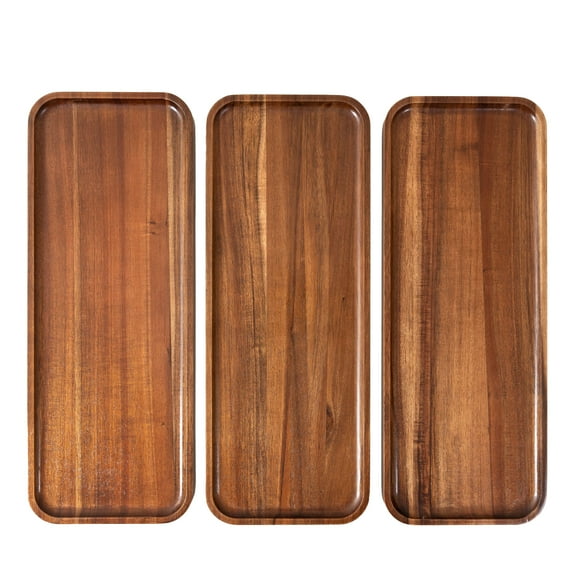 Large Solid Acacia Wood Serving Trays (17 x 6.5 inches) Rectangular Wooden Serving Platters for Home Decor, Food, Vegetables, Fruit, Charcuterie, Appetizer Serving T