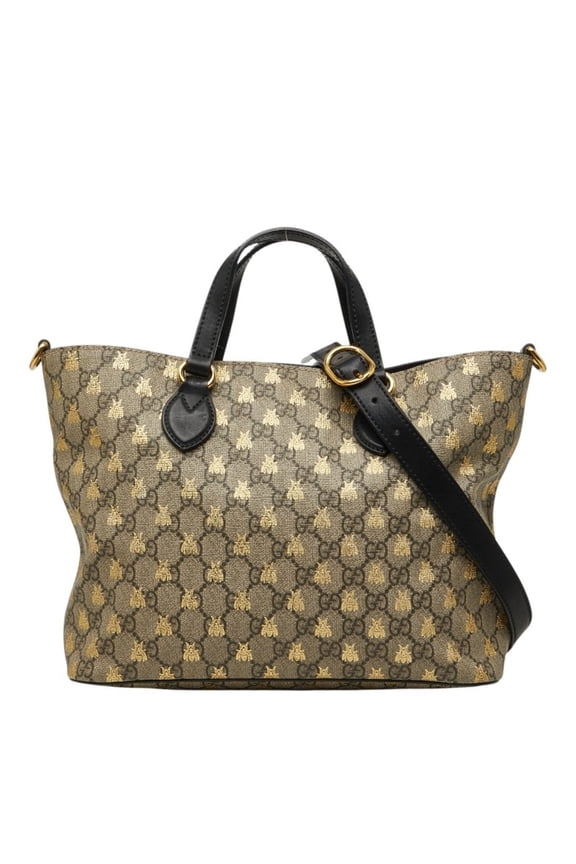 Pre-Owned Gucci GG Supreme Bee Handbag/Shoulder Bag 2WAY 473887 Beige Black Leather Women's...