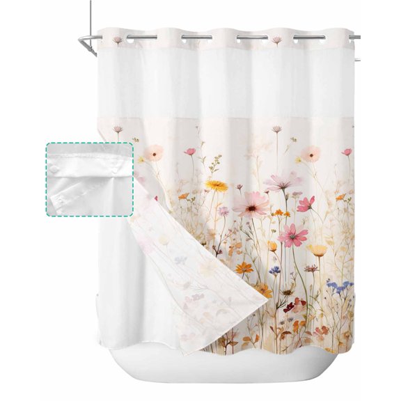 No Hook Shower Curtain with Snap in Liner, Summer Rustic Watercolor Wild Flowers Beige Hotel Shower Curtains for Bathroom, Washable Shower Curtain Liner Set with Mesh Top Window, 66"x72"