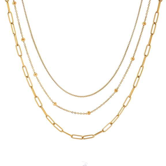 Layered Chain Necklace for Women by Ginger Lyne Gold Plated Stainless Steel Box Bead and Paperclip Chains