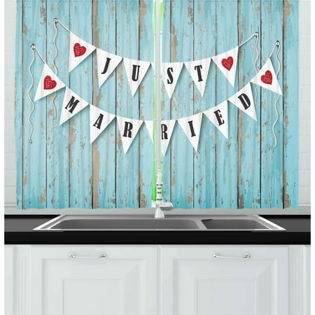 Wooden Doors For Bedrooms Wedding Curtains 2 Panels Set, Just Married Letters on Triangular Flags Hanged on Blue Wooden Door Art Print, Window Drapes for Living Room Bedroom, 55W X 39L Inches, Blue Black Red, by Ambesonne ()