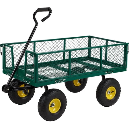 Heavy Duty 1000 Lbs Capacity Mesh Steel Garden Cart, Pullable Garden Wagons Carts on Wheels, Folding Utility Wagon with Removable Sides for Outdoor, Yard, Lawn, Green
