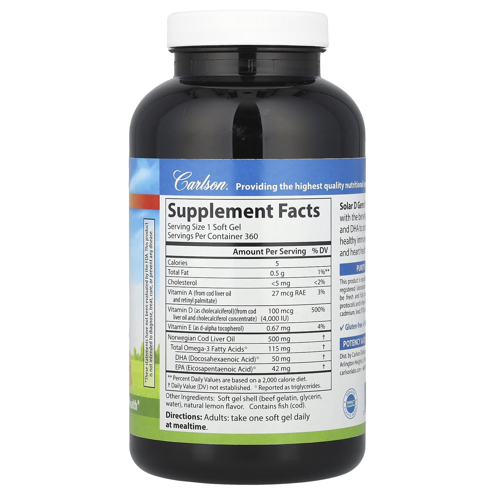 Carlson Solar D Gems - Lemon 4,000 Iu (100 mcg) 360 Sgels
