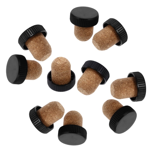 MasteelfCA 10Pcs Household Bottle Corks Convenient Wine Stoppers Replaceable Wine Corks Wine Accessory. A set of 10 wine stoppers featuring log-colored corks and black plastic tops, designed for an airtight seal to preserve wine freshness and prevent oxidation. Made of durable plastic and wood, these stoppers are suitable for wine, champagne, and cocktail bottles. Compact size of 3.00x2.70x2.70cm (1.18x1.06x1.06in), perfect for use at home, bars, parties, and holidays.