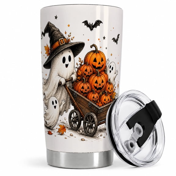 Halloween Ghost Wagon 20oz Tumbler, Jack O Lantern Artwork 20oz tumbler with playful ghosts, pumpkin wagon, bats, and autumn leaves for water or seasonal drinks