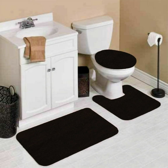 BENJM 3pc Bathroom Set with Bath Mat Contour Toilet Lid Cover with Rubber Backing Rugs with Accesories in Assorted Mix Colors (Black)