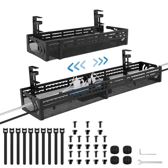 Merzark 15.4"-25.2" Expandable Under Desk Cable Management Tray, Screw-Lock Heavy Duty Metal Cord Organizer for Home Office, Black