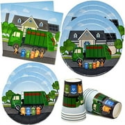 acdanc  Party Supplies Tableware Set 24 9" Paper Plates 24 7" Plate 24 9 Oz Cups 50 Lunch Napkin for Trash Trucks Waste Management Recycling Bin Themed Disposable Birthday Dinnerware Decoration