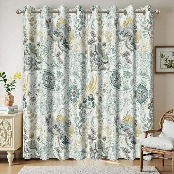 Boho Floral Botanical Green Blackout Top Grommet Curtains, Retro Mid Century Printed Window Drapes For Bohemian Style Bedroom Living Room Decor 42"W x 108"L (Pack of 2)