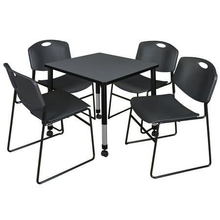 UPC: 0192357042571 | Regency 30 in. Kee Square Height Adjustable Mobile Classroom Table  Grey & 4 in. Zeng Stack Chairs – Black