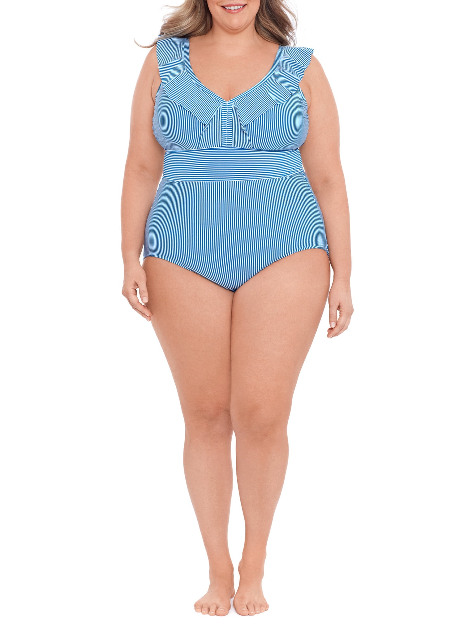 Time and Tru Women’s and Women’s Plus Size Seersucker Stripe One Piece Swimsuit