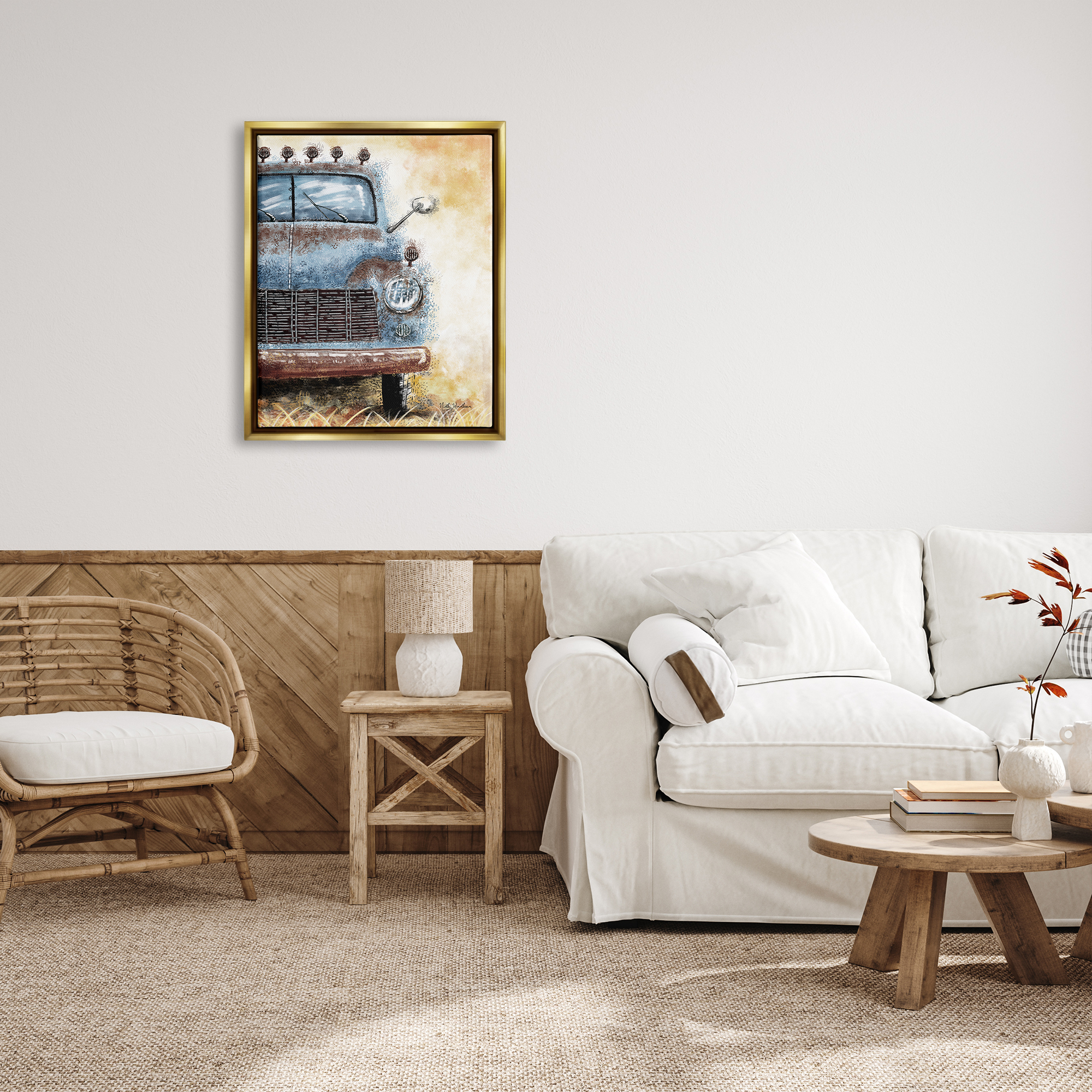Stupell Industries Rustic Farmhouse Truck Transportation Painting Gold Floater Framed Art Print Wall Art, 25 x 31