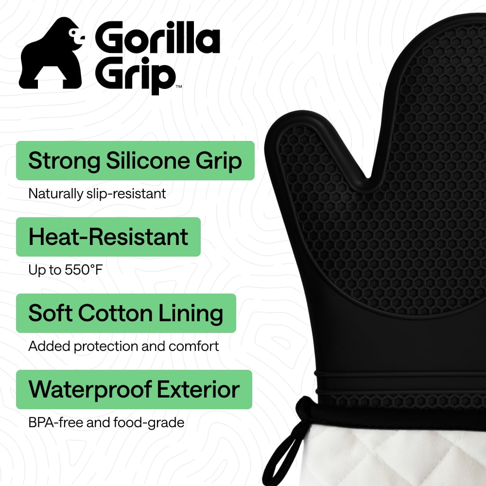 GORILLA GRIP Heat Resistant Durable Silicone Oven Mitts, BPA-Free Protective Grilling Potholders, Soft Cotton Lining, Flexible Waterproof Cooking Mitt Set, Kitchen Home Essentials, 12.5x8.3, Black