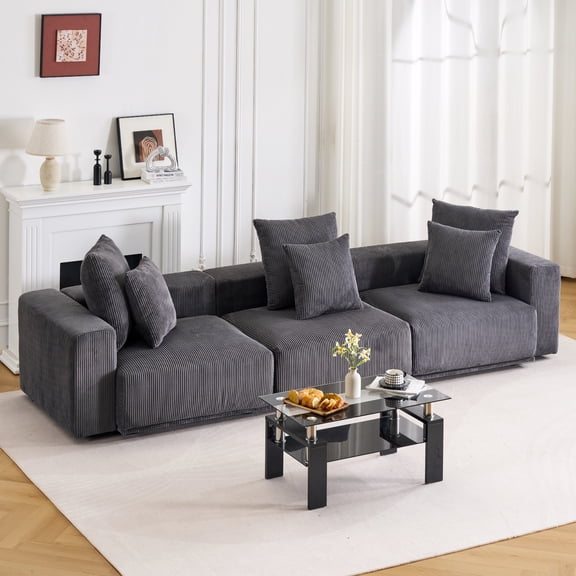 132.68" W Corduroy Sofa With Square Arm , High Sponge Fill Modular 3-Seater Sofa Couch With Pillows