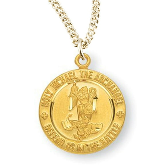 Heartland Store Women's Dainty 16kt Gold Over Sterling Silver Round Saint Michael Medal + 18 Inch Gold Plated Chain & Clasp| USA Made