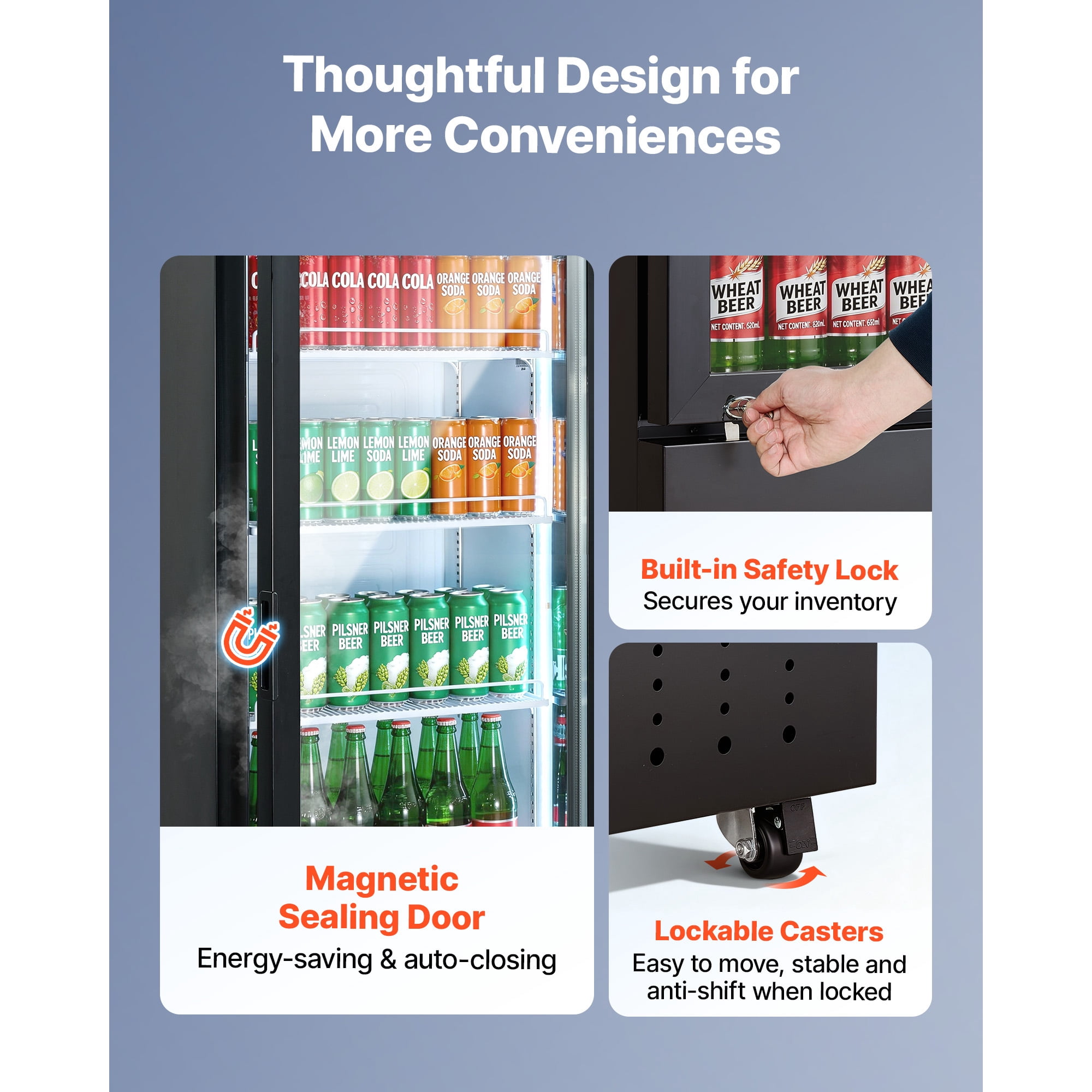 KFFKFF Commercial Glass Door Refrigerator, 12.7 Cu.Ft / 360 L Upright Beverage Cooler with Adjustable Shelves, LED Lighting, and Casters for Home, Shop, or Bar Use