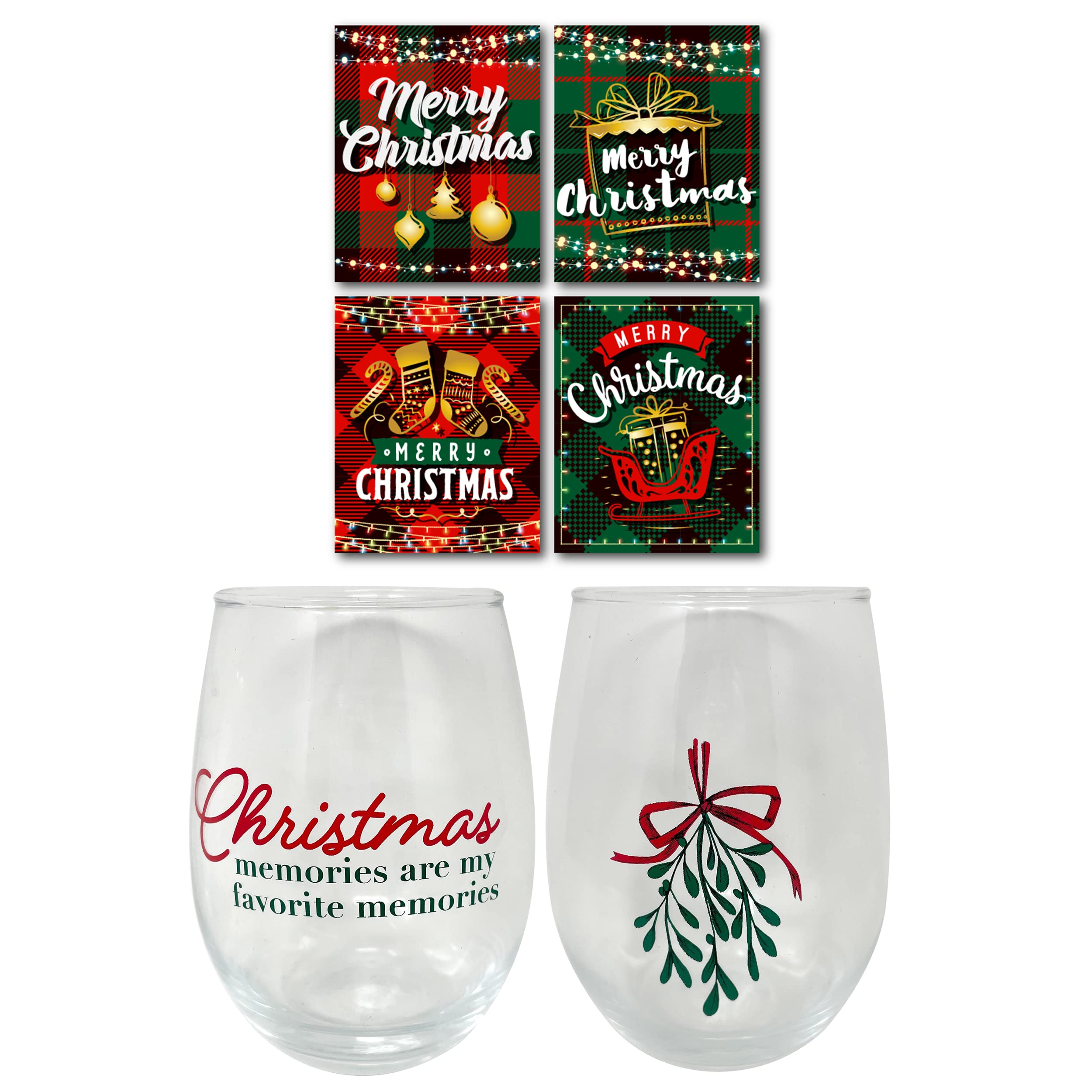 Christmas Wine Glasses with Holiday Wine Labels (Set of 2 17oz
