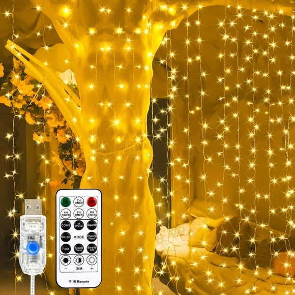Lámpara de cortina SINAMER, 200 LED, 2 x 2 m, blanco cálido, 8 modos USB