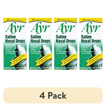(4 pack) Ayr Saline Nasal Drops, Cold/Flu, Allergy, Dry Nasal Passages Relief, Moisturizes & Soothes Dry Stuffy Noses, 1.69 fl oz
