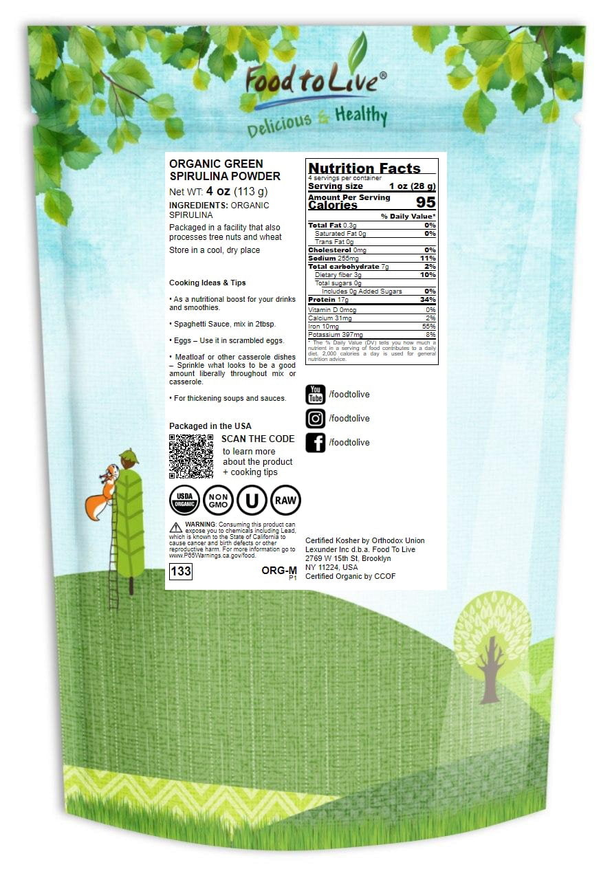 Organic Green Spirulina Powder, 0.25 Pounds — Non-GMO, Kosher, Raw, Vegan — by Food to Live