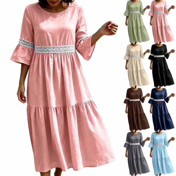 Bxsruta Womens Midi Dress Casual Bell Sleeve Round Neck Flowy Sundress
