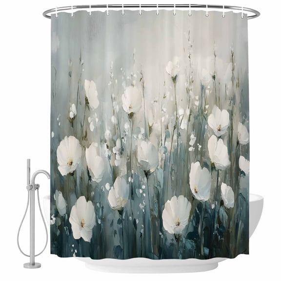 Modern Oil Painting Shower Curtain Set - Extra Long 72" x 96" Washable Bathtub Curtain with 12 Hooks, Spring Abstract White Floral Country Waterproof Fabric Stall Shower Curtains for Bathroom Décor