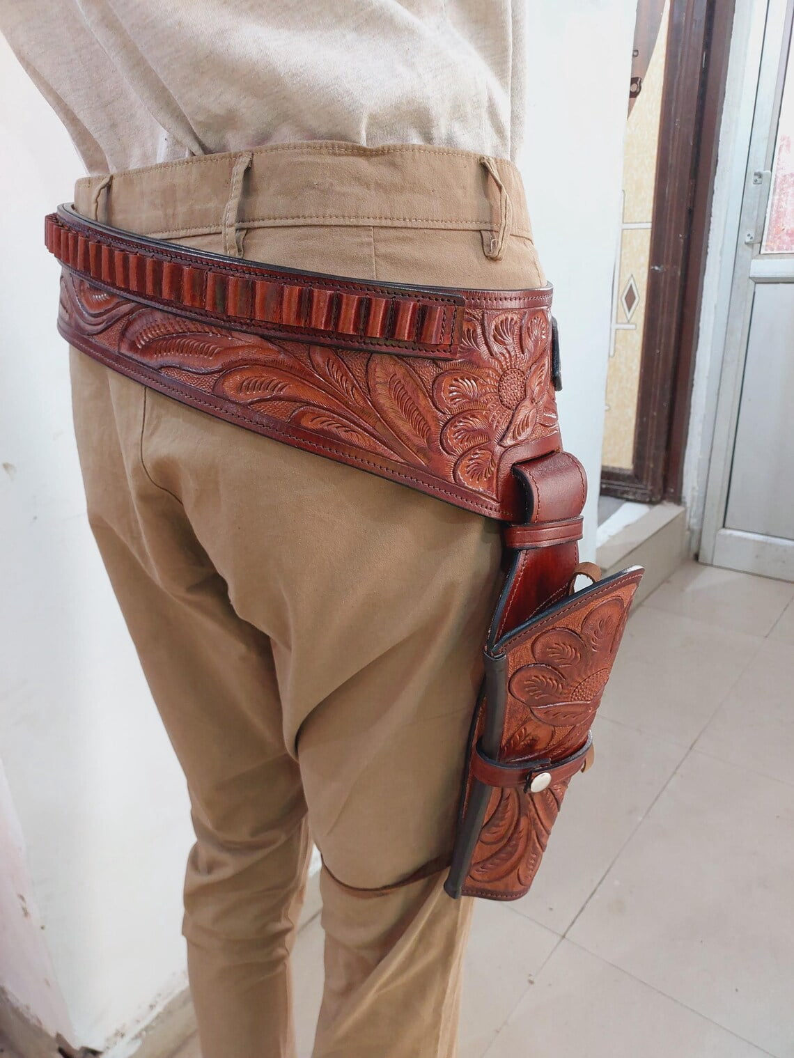 Western Gun Holster with Belt Handmade Genuine Leather Floral Tooled Cowboy Holster Rig