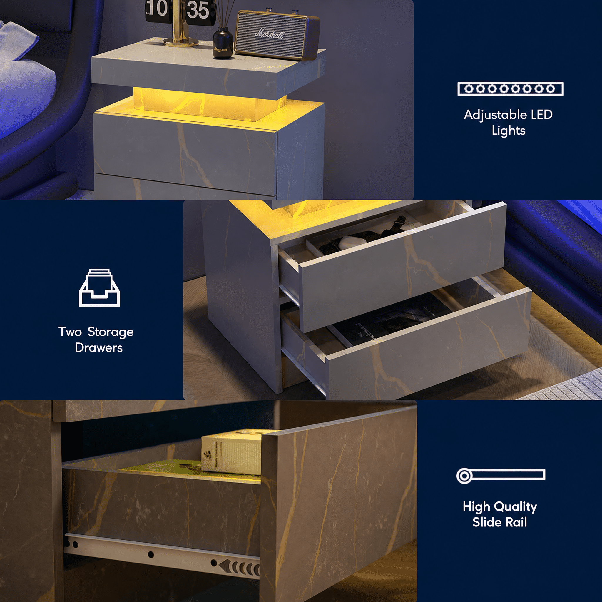LED Nightstand with Multi-Color Adjustable Lights, 2 Drawers + Open Compartment Storage, Modern Side Table with Charging USB for Bedroom Living Room