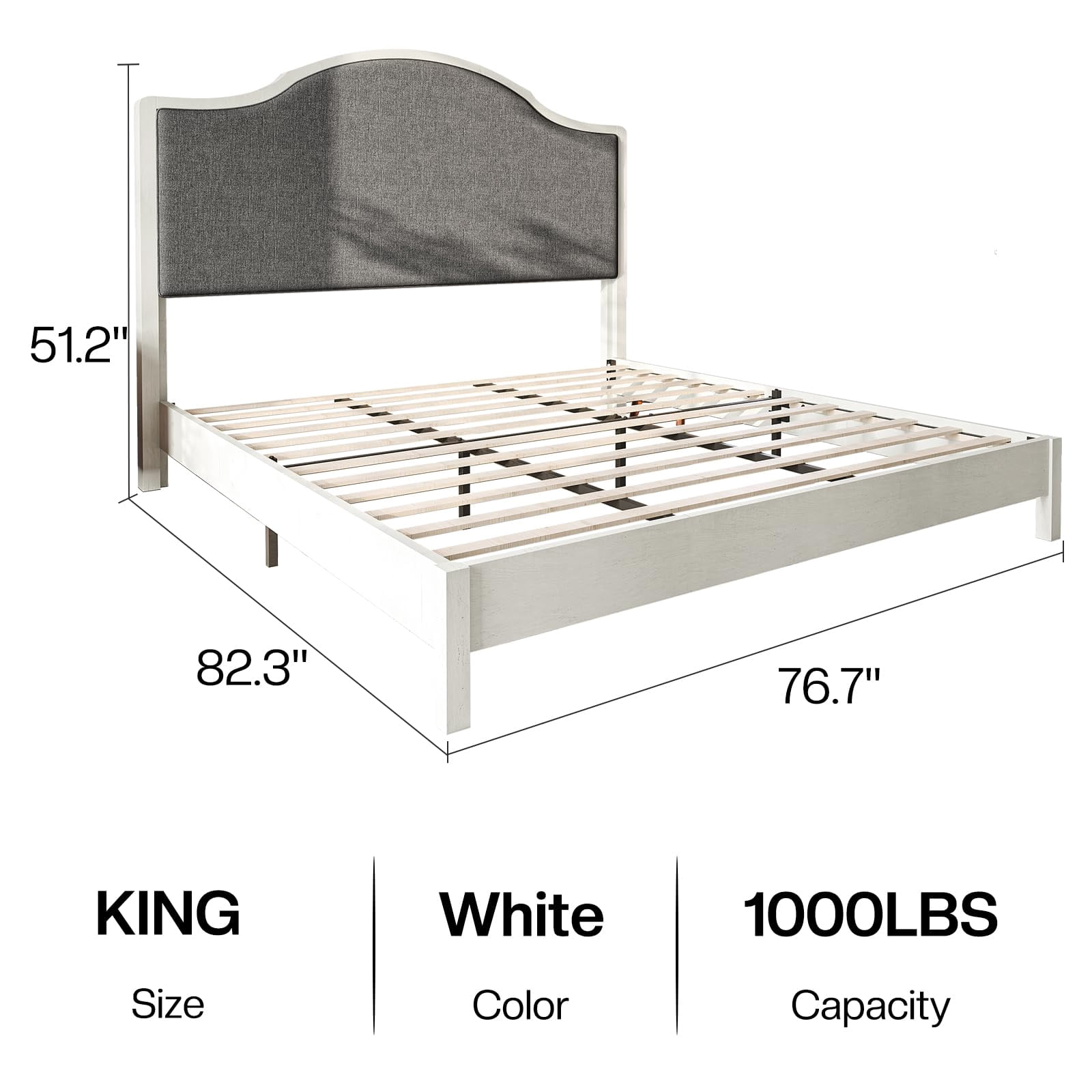Merluxy Wooden Platform Bed Frame King with Upholstered Headboard Solid Wood Bed, No Box Spring Needed, White