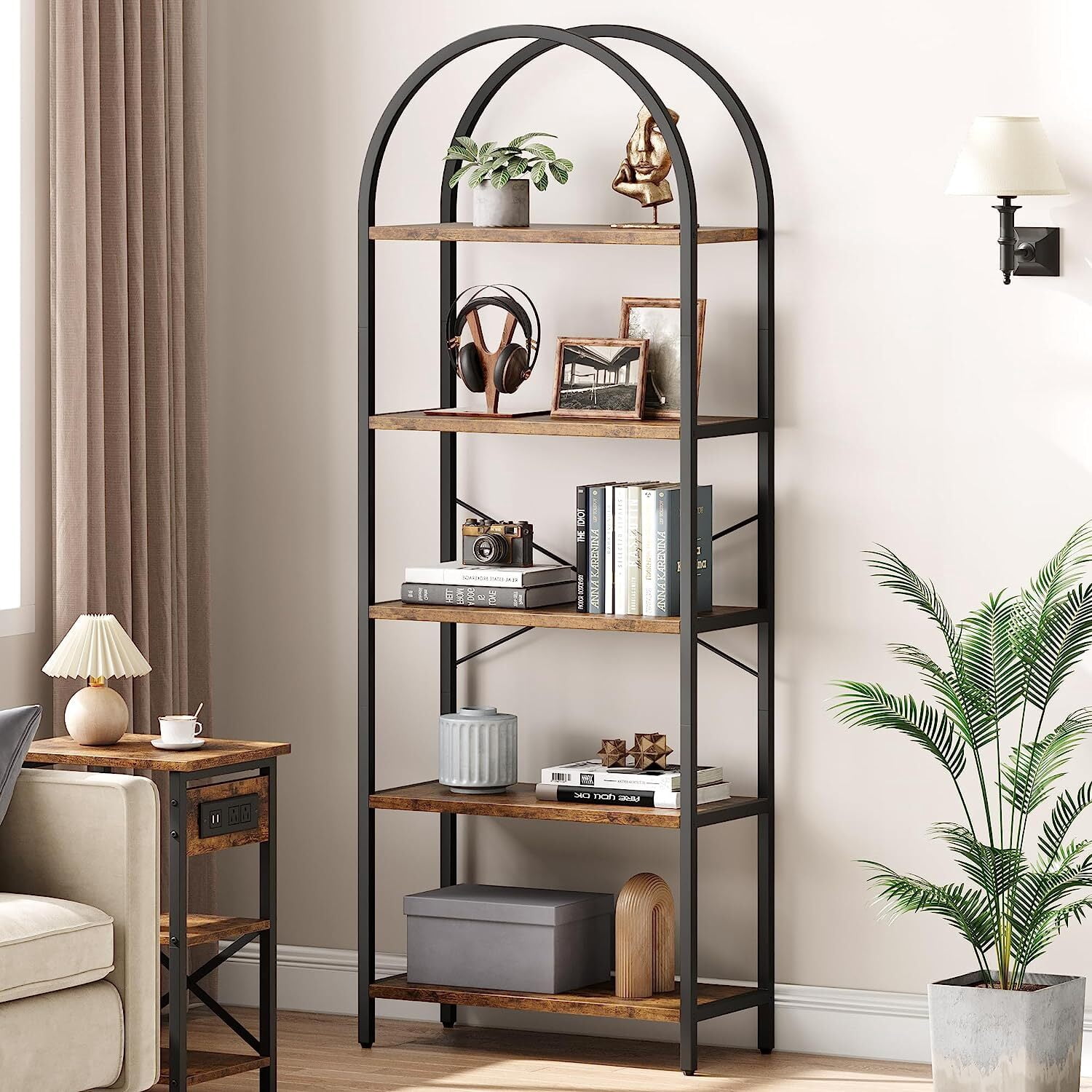 Yesfashion Bookshelf 5 Tier Bookcase Arched Display Racks Tall Standing Bookshelves Mental Frame Rustic Storage Rack Shelf Brown Book Shelf for Bedroom, Living Room, Home Office, Rustic Brown