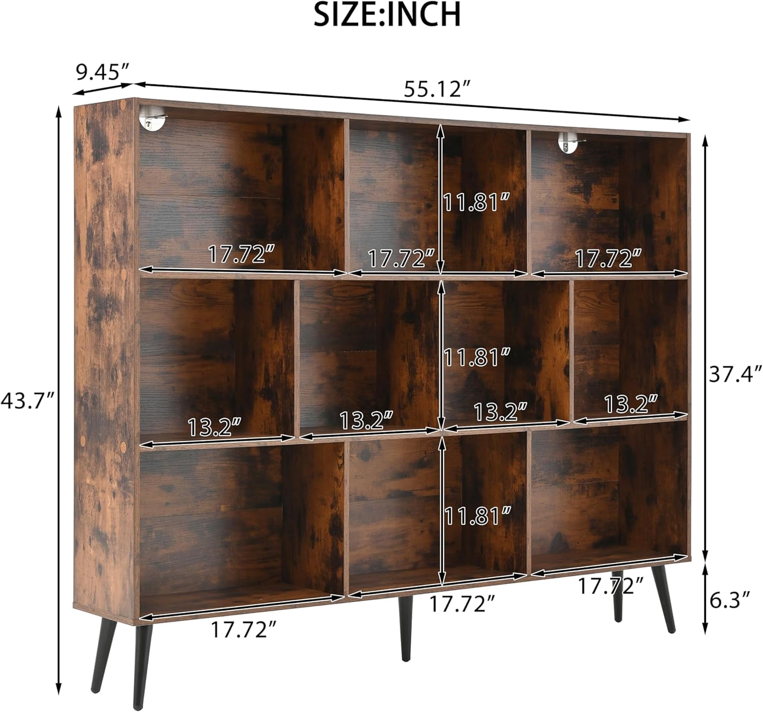 10 Cubes Bookshelf, Wooden 3-Tier Open Shelf Bookcase, Freestanding Book Shelf Storage Organizer with 5 Iron Legs for Home Office, Living Room, Bedroom
