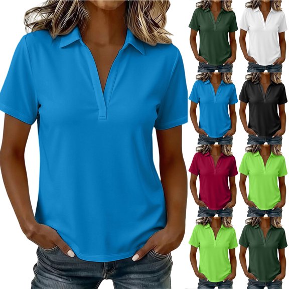 Otntypg Women's Short Sleeve V-Neck Collared Tops Summer Business Casual Work Golf Shirts Loose Lightweight Dressy Tunic Blouses