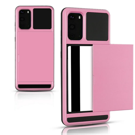 FIEWESEY Wallet Card Holder Sliding Cover Credit Card Slot ID Pocket Dual Layer Hybrid Protective for Samsung Galaxy S20 6.2 Inch (Pink)